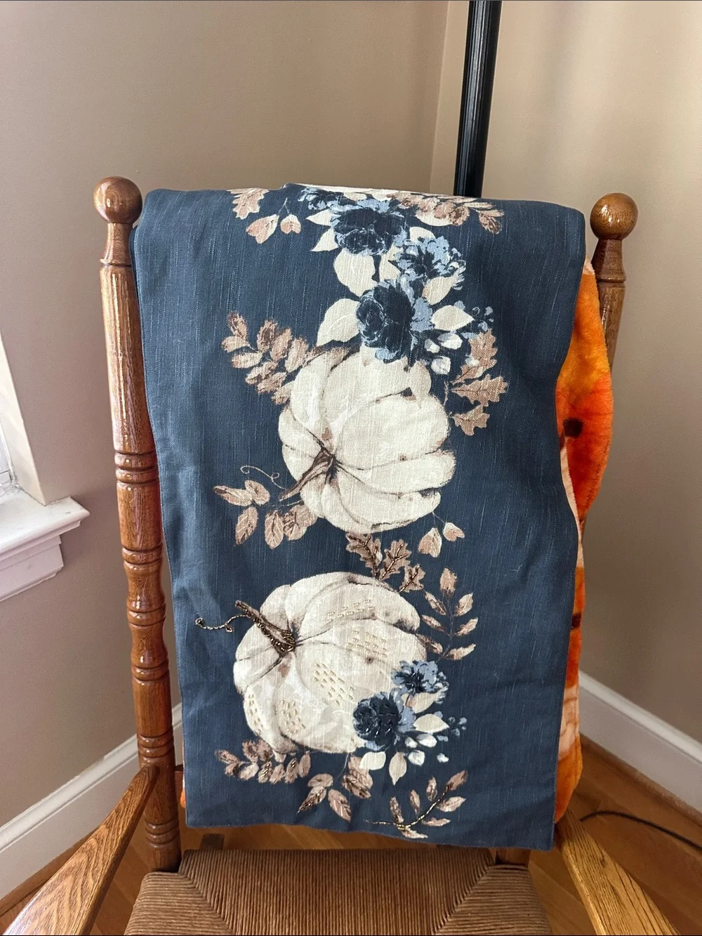 Pumpkin table runner with gray blue background